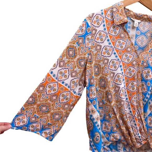 Cato Cropped Wrap Top Womens Medium Blouse 3/4 Sleeve Boho Balletcore Retro - Picture 3 of 10